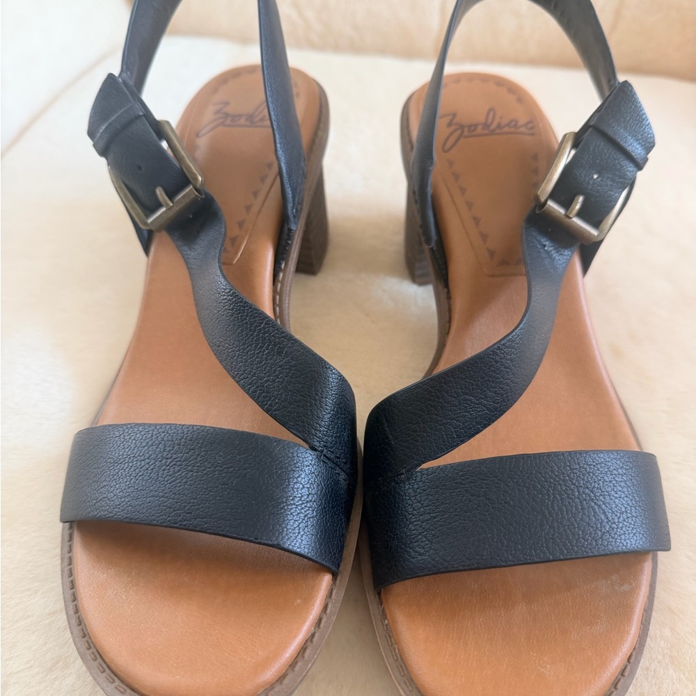 Zodiac Black Leather Strappy Sandal Heels